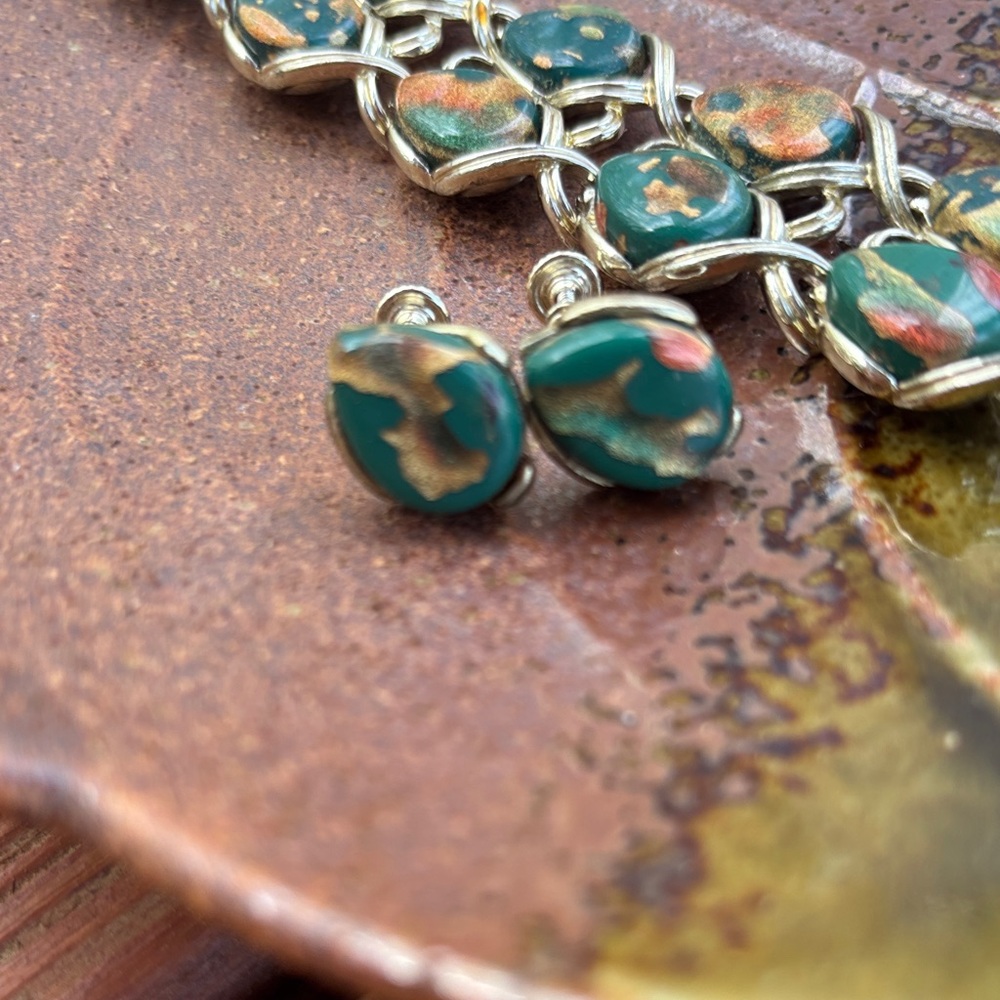 Coro Champagne Gold Bracelet and Earrings Set with Teal Marbled Accents - Picture 2 of 11